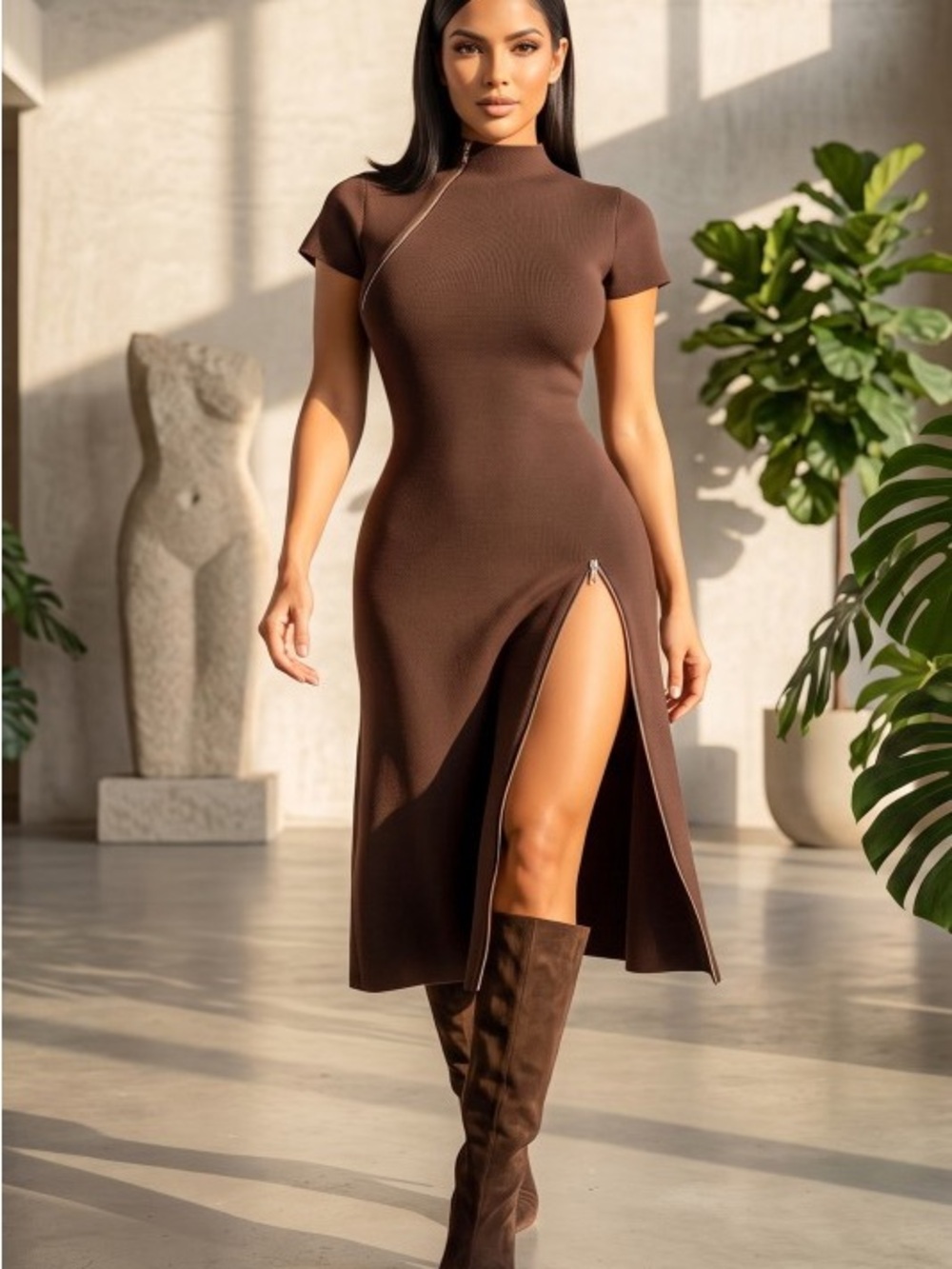 Classic Brown Zip-Detail Midi Dress